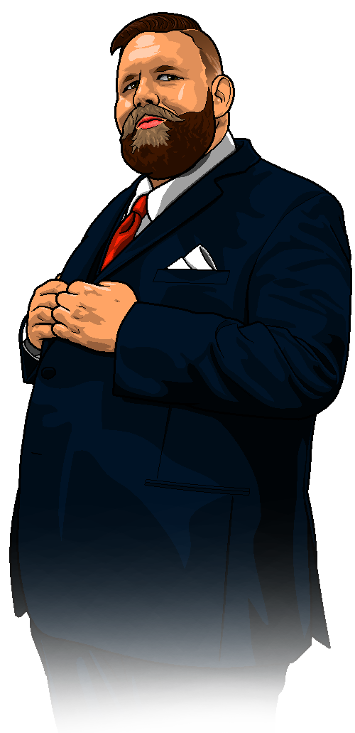 A pixel art drawing of Kevin Tracy wearing a blue suit and red tie.