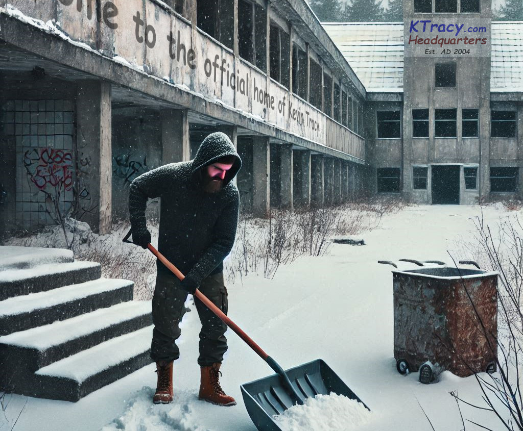 Bearded man shoveling snow outside KTracy.com headquarters.