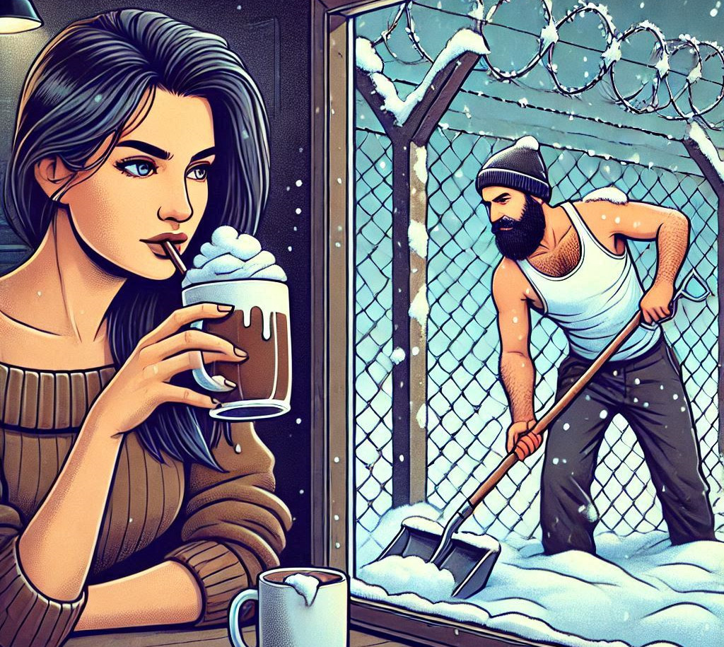 A man shovels snow while a woman drinks hot chocolate inside and watches.