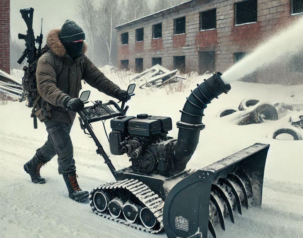 A man with an oversized snow blower.